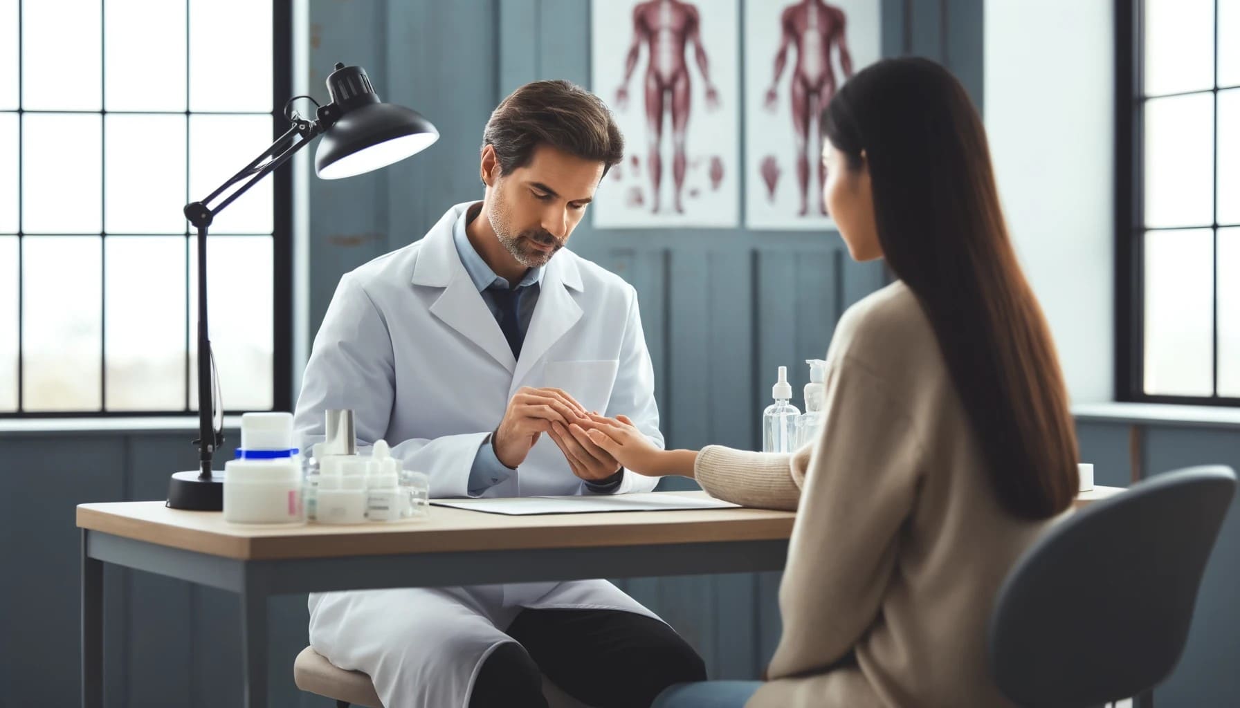 A dermatologist examining a patient's nails