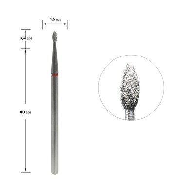Freza diamentowa Staleks Pro Expert nerkowa zaokrąglona czerwona średnica 1,6 mm / część robocza 3,4 mm