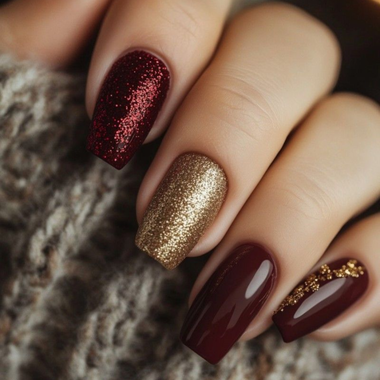 Burgundy nails with gold