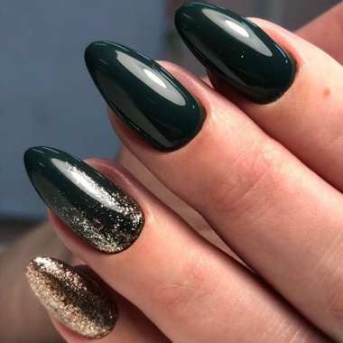 Bottle Green Nails with Gold Accents