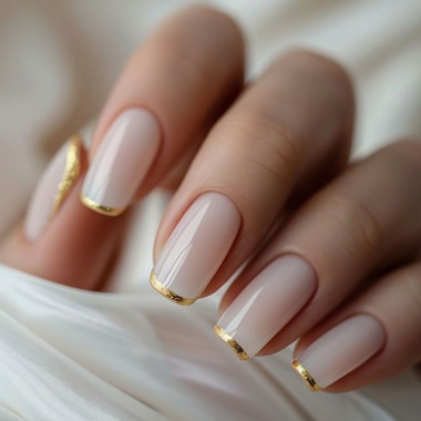 Nude manicure with gold French tips