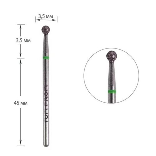 Frez do paznokci TUFI profi PREMIUM diamentowa kulka 801 001 035G 3,5 mm zielony karb - Фото №1