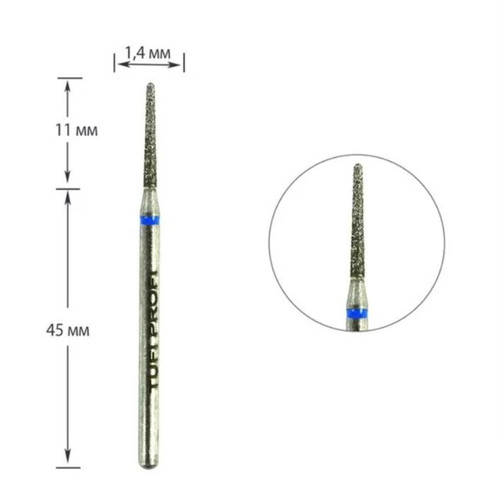 Frez do paznokci TUFI profi PREMIUM diament stożek półkulisty koniec 199 014B 1,4 mm niebieski karb - Фото №1