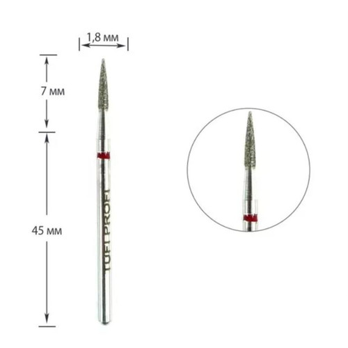 Frez do paznokci TUFI profi PREMIUM diamentowy  cylinder z końcówką lancetową 862 249 018R 1,8 mm czerwony karb - Фото №1