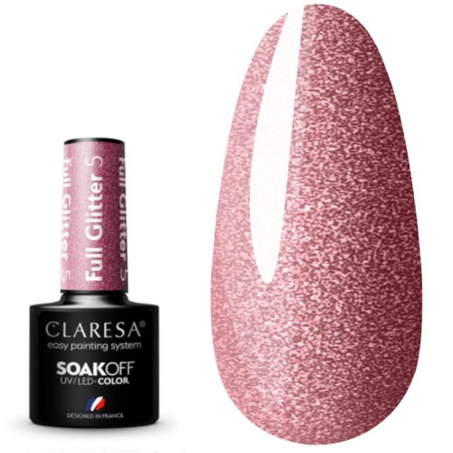 Лак гибридный для ногтей Claresa FULL GLITTER 5 с блеском, розовый, 5 г