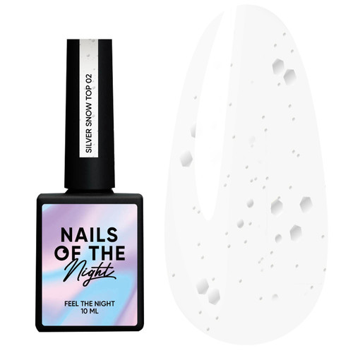 Тоp hybrydowy NAILSOFTHENIGHT Silver Snow top 02 przezroczysty ze srebrnymi sześciokątami, 10 ml - Фото №1