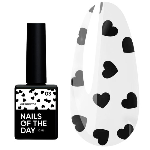 Top hybrydowy NAILSOFTHEDAY Kupidon top 03 z czarnymi serduszkami bez lepkiej warstwy 10 ml - Фото №1