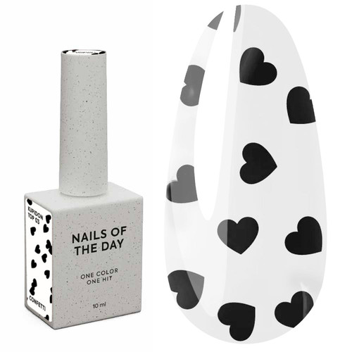 Top hybrydowy NAILSOFTHEDAY Kupidon top 03 z czarnymi serduszkami bez lepkiej warstwy 10 ml - Фото №1