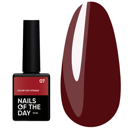 Top hybrydowy NAILSOFTHEDAY Color top Vitrage 07 bez lepkiej warstwy głęboki półprzezroczysty burgund 10 ml - Фото №1