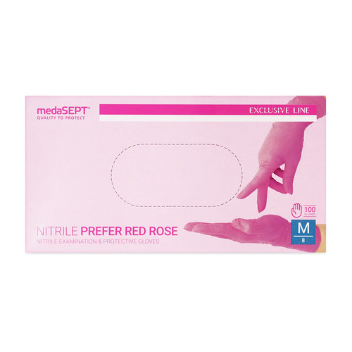Rękawiczki diagnostyczne medaSEPT NITRILE PREFER RED ROSE nitrylowe bezpudrowe kat.III rozmiar M 100szt - Фото №2