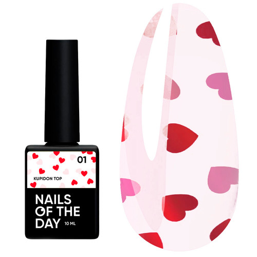 Top hybrydowy NAILSOFTHEDAY Kupidon top 01 z czerwonymi ta różowymi serduszkami bez lepkiej warstwy 10 ml - Фото №1
