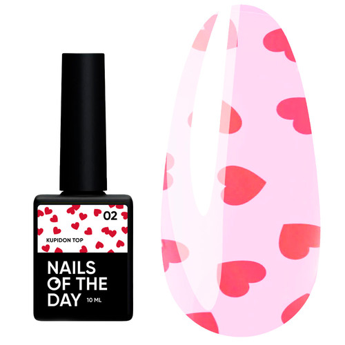 Top hybrydowy NAILSOFTHEDAY Kupidon top 02 z bordowymi serduszkami bez lepkiej warstwy 10 ml - Фото №1