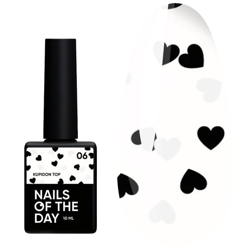 Top hybrydowy NAILSOFTHEDAY Kupidon top 06 z czarnymi i holograficznymi serduszkami bez lepkiej warstwy 10 ml - Фото №1