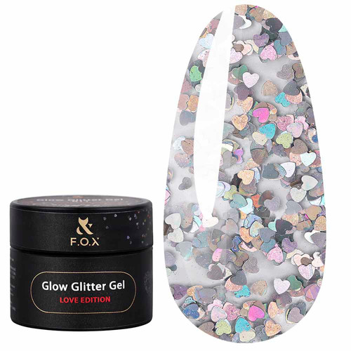 Żel przedłużający F.O.X Glow Glitter Gel Love Edition 014 srebrne serca z tęczowym połyskiem 5 ml (GG-014) - Фото №1