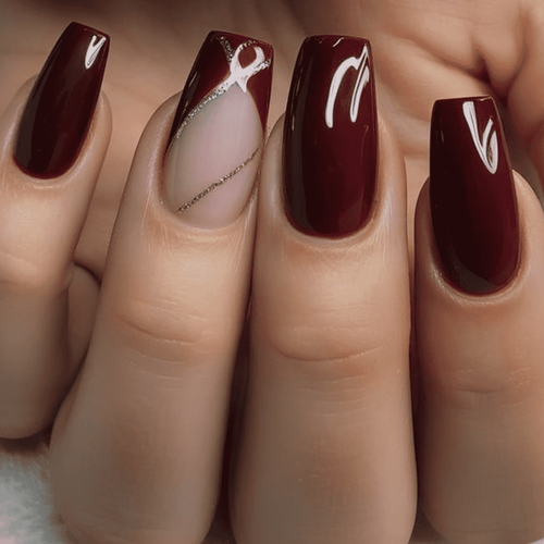 Ciemnoczerwony manicure (z srebrnymi liniami)
