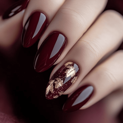Ciemnoczerwony manicure (z motywem liści)