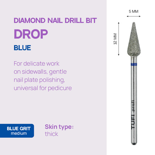 Frez do paznokci TUFI profi Diamentowy Kropla 12 х 5 mm Niebieski Nacięcie (0328402) - Фото №4