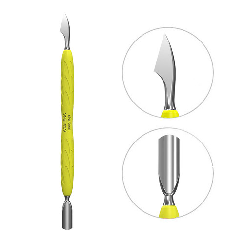 Kopytko do manicure Staleks Gummy z zóltą silikonową rekojęścią UNIQ 10 TYPE 3 (popychacz wąski zaokrąglony + siekierka) - Фото №1