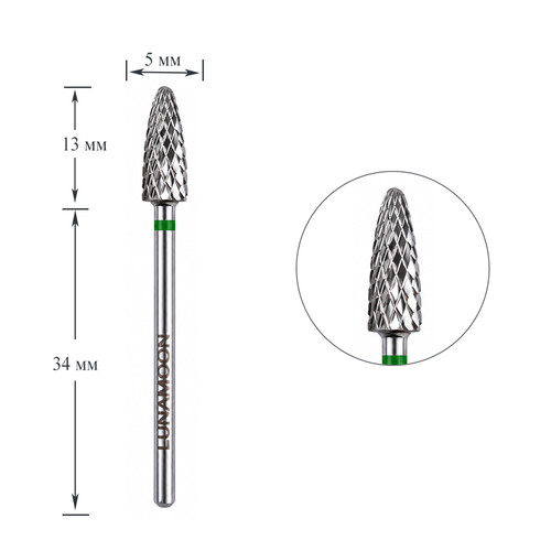 Frez do paznokci Lunamoon karbidowy kukurydza Hard Green (R) 5,0 mm - Фото №1