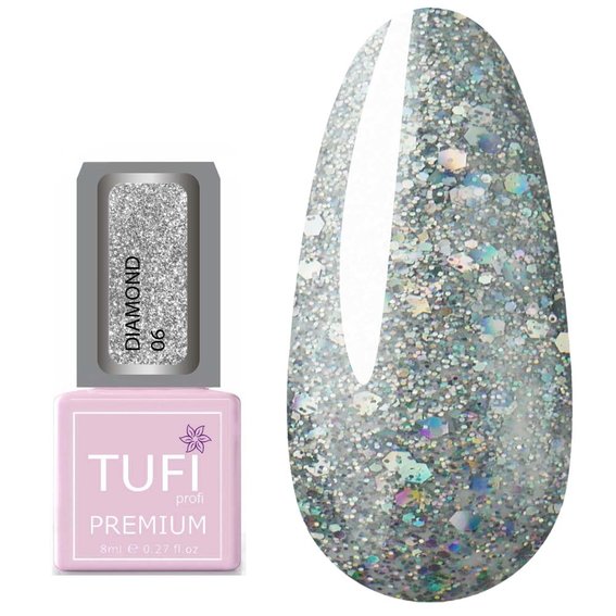 Гель-лак TUFI profi PREMIUM Diamond 06 серебряные крупные блестки 8 мл (0103037) - Фото №1