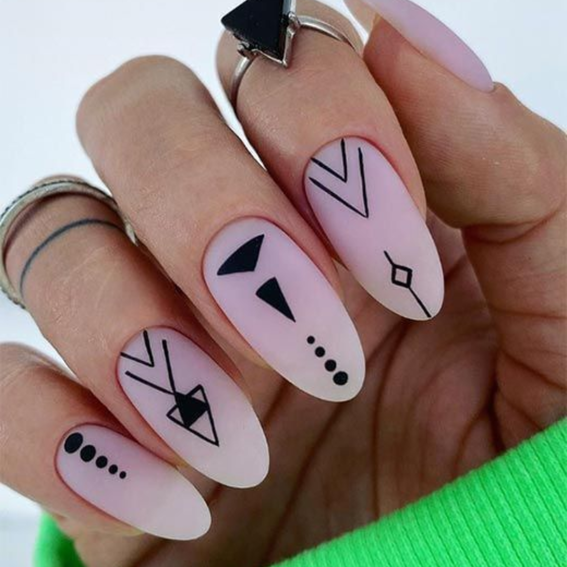 Nude manicure with geometric design