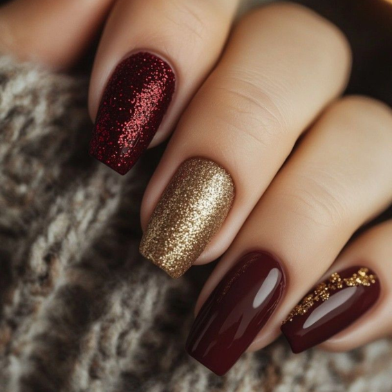 Burgundy nails with gold