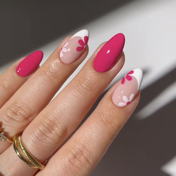 Pink neon nails with a design