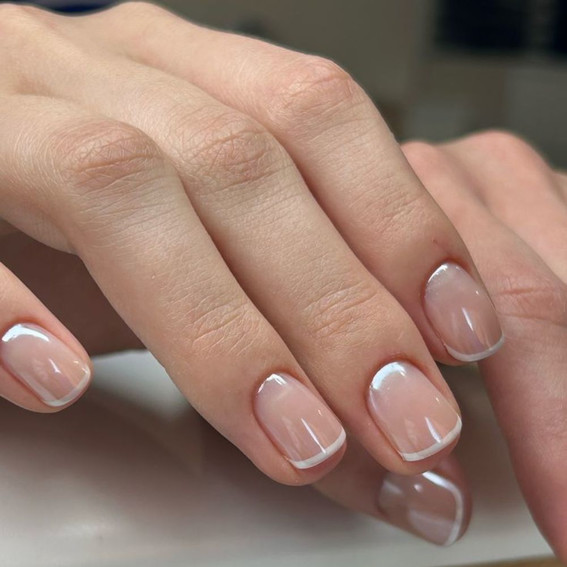French manicure with pearl chrome powder