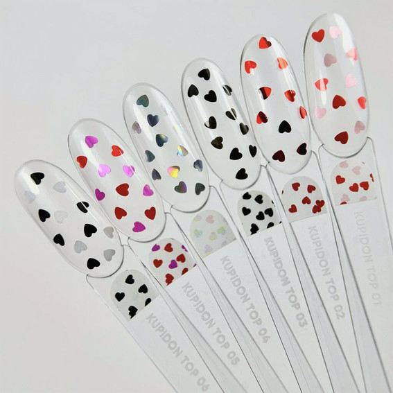 Топ NAILSOFTHEDAY Kupidon top 02 с бордовыми сердечками без липкого слоя 10 мл - Фото №4
